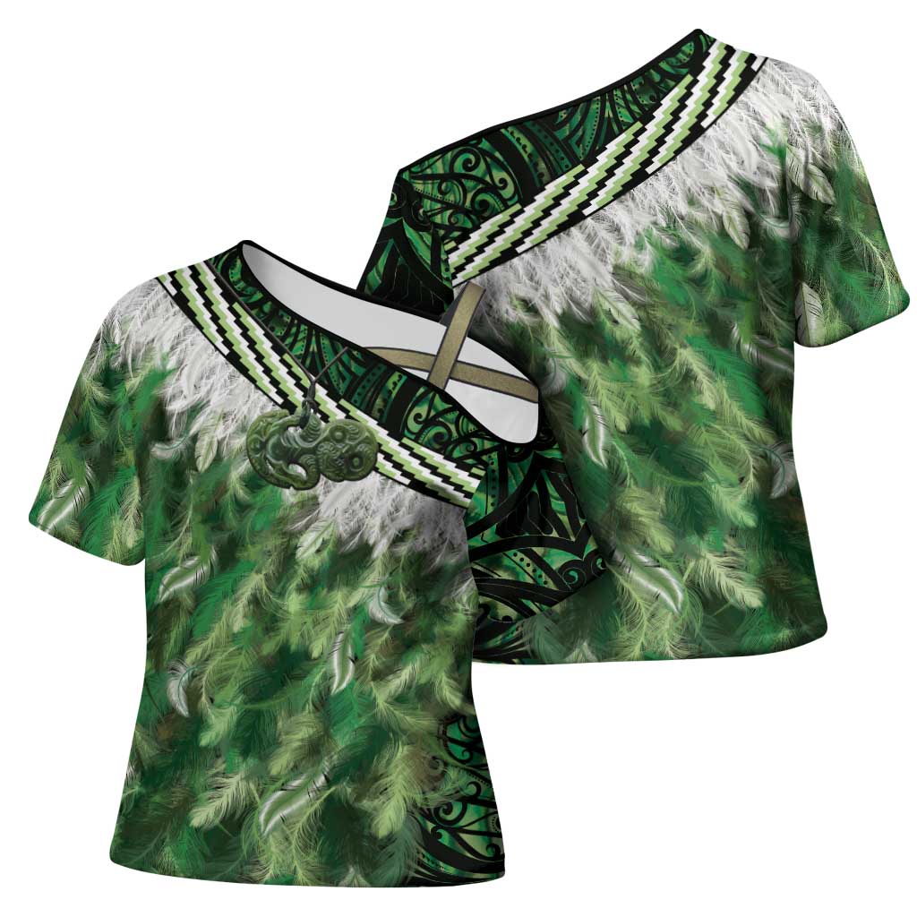 Green Traditional Cloak Aotearoa Cross Shoulder Shirt Maori Paua Shell Korowai Pattern LT14 - Polynesian Pride