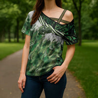 Green Traditional Cloak Aotearoa Cross Shoulder Shirt Maori Paua Shell Korowai Pattern LT14 - Polynesian Pride