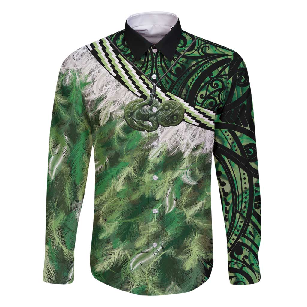 Green Traditional Cloak Aotearoa Family Matching Long Sleeve Bodycon Dress and Hawaiian Shirt Maori Paua Shell Korowai Pattern LT14 Dad's Shirt - Long Sleeve Green - Polynesian Pride