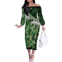 Green Traditional Cloak Aotearoa Family Matching Off The Shoulder Long Sleeve Dress and Hawaiian Shirt Maori Paua Shell Korowai Pattern