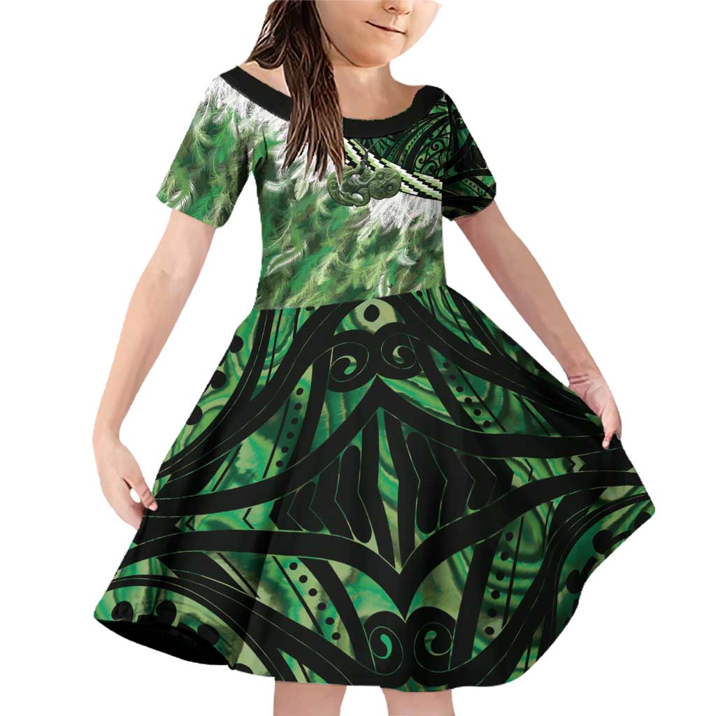 Green Traditional Cloak Aotearoa Family Matching Off Shoulder Short Dress and Hawaiian Shirt Maori Paua Shell Korowai Pattern