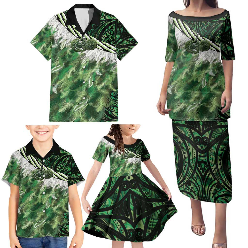 Green Traditional Cloak Aotearoa Family Matching Puletasi and Hawaiian Shirt Maori Paua Shell Korowai Pattern