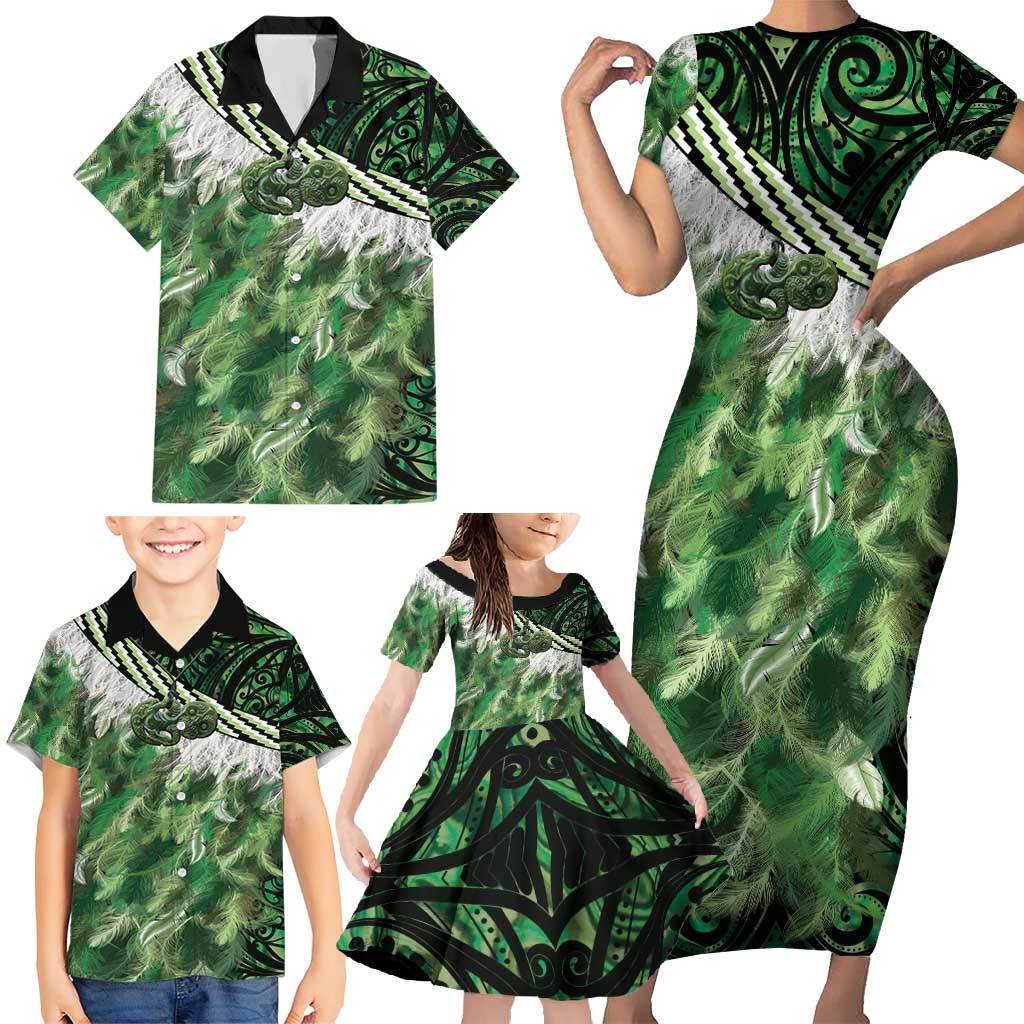 Green Traditional Cloak Aotearoa Family Matching Short Sleeve Bodycon Dress and Hawaiian Shirt Maori Paua Shell Korowai Pattern