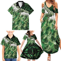 Green Traditional Cloak Aotearoa Family Matching Summer Maxi Dress and Hawaiian Shirt Maori Paua Shell Korowai Pattern