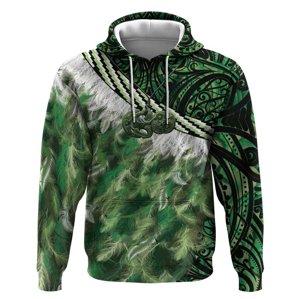 Green Traditional Cloak Aotearoa Hoodie Maori Paua Shell Korowai Pattern