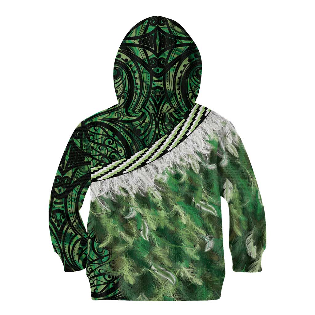 Green Traditional Cloak Aotearoa Kid Hoodie Maori Paua Shell Korowai Pattern