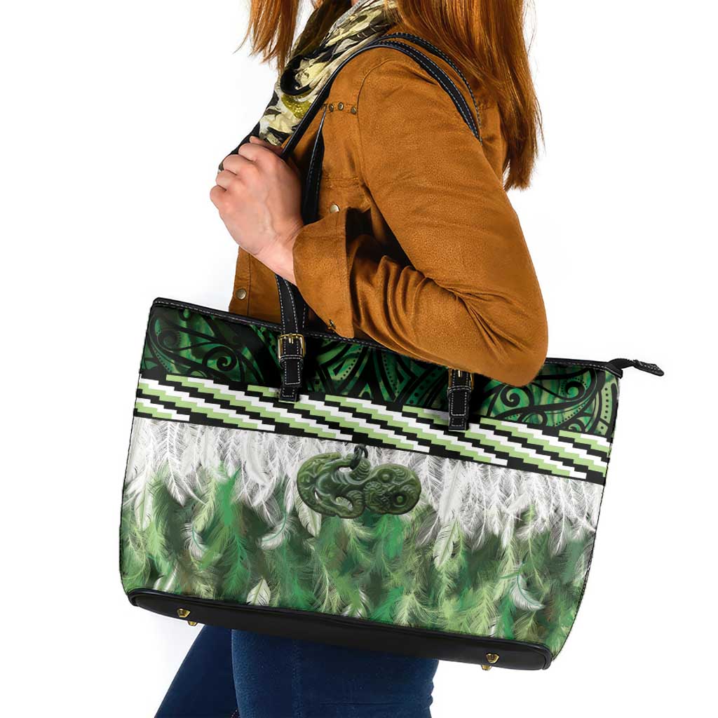 Green Traditional Cloak Aotearoa Leather Tote Bag Maori Paua Shell Korowai Pattern
