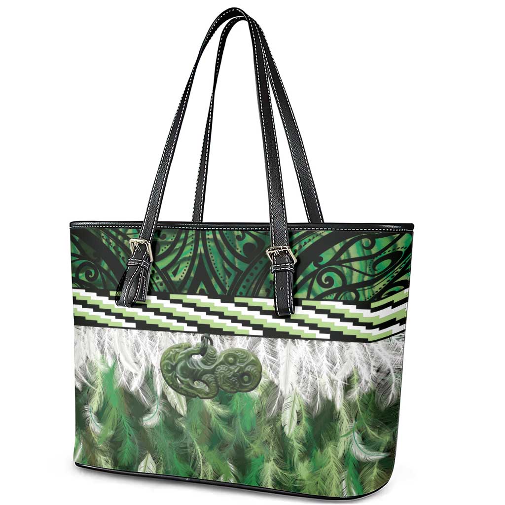 Green Traditional Cloak Aotearoa Leather Tote Bag Maori Paua Shell Korowai Pattern
