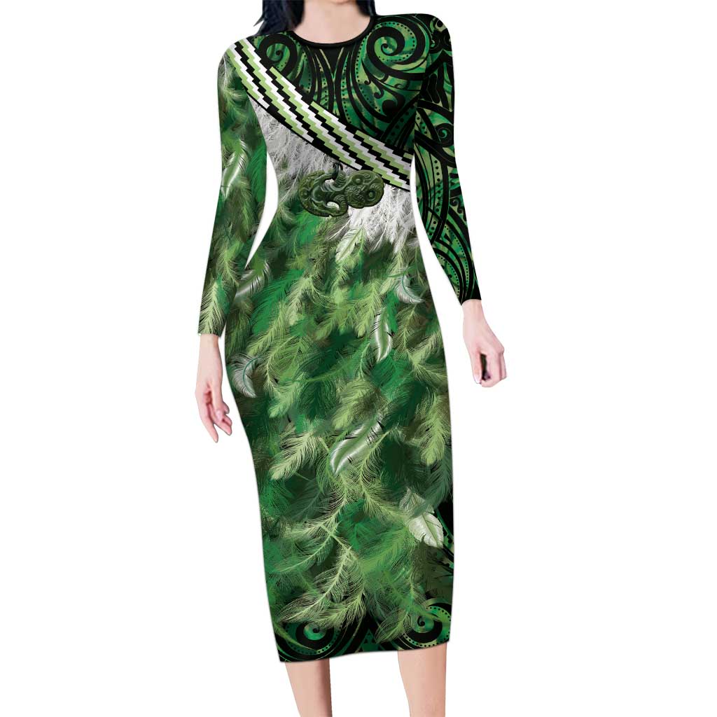 Green Traditional Cloak Aotearoa Long Sleeve Bodycon Dress Maori Paua Shell Korowai Pattern