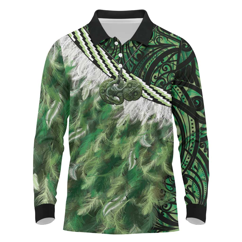 Green Traditional Cloak Aotearoa Long Sleeve Polo Shirt Maori Paua Shell Korowai Pattern