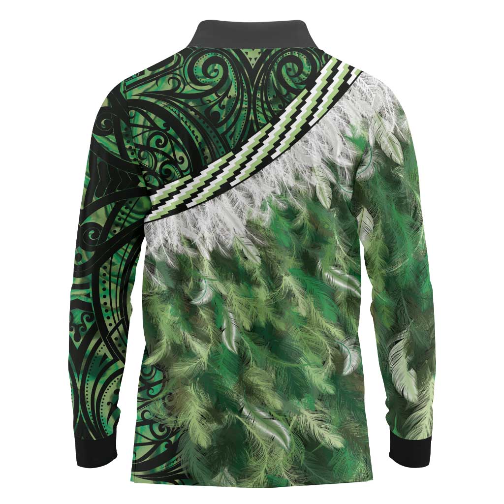 Green Traditional Cloak Aotearoa Long Sleeve Polo Shirt Maori Paua Shell Korowai Pattern