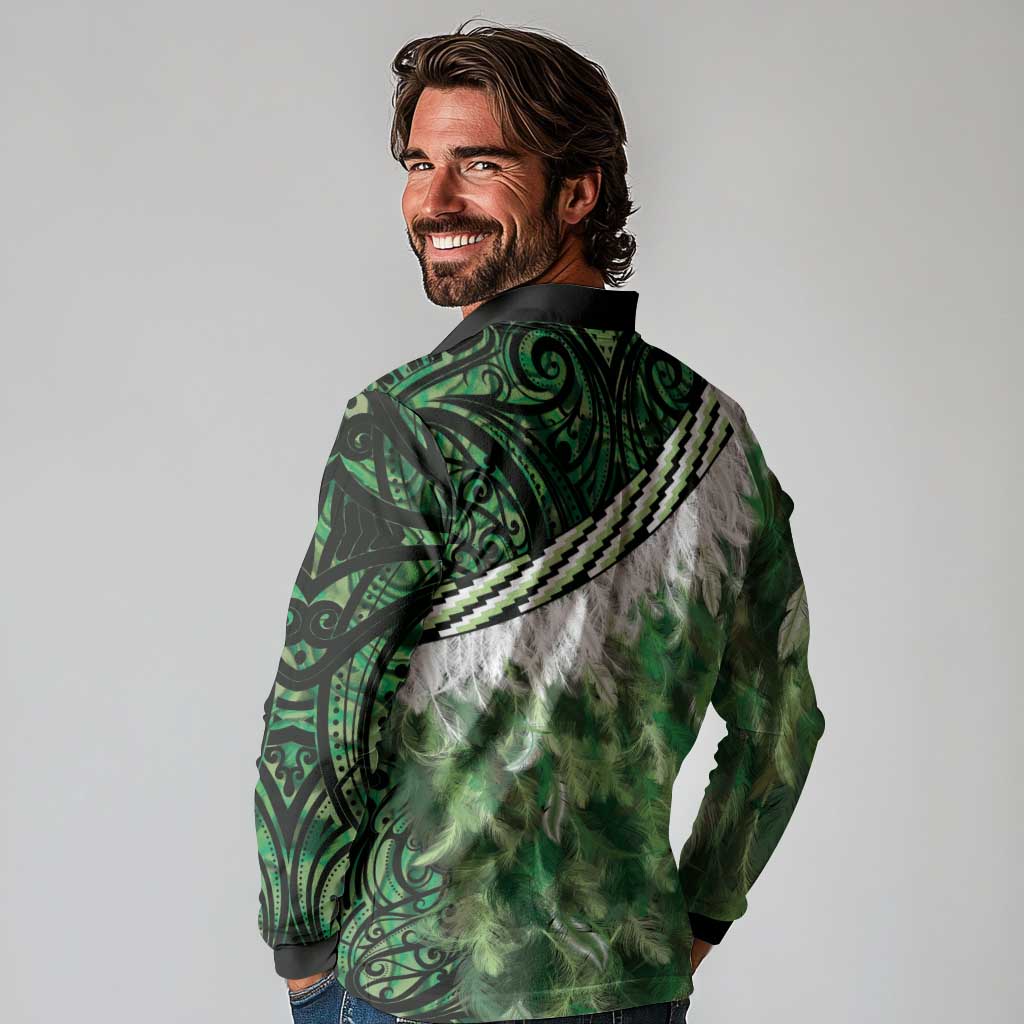 Green Traditional Cloak Aotearoa Long Sleeve Polo Shirt Maori Paua Shell Korowai Pattern
