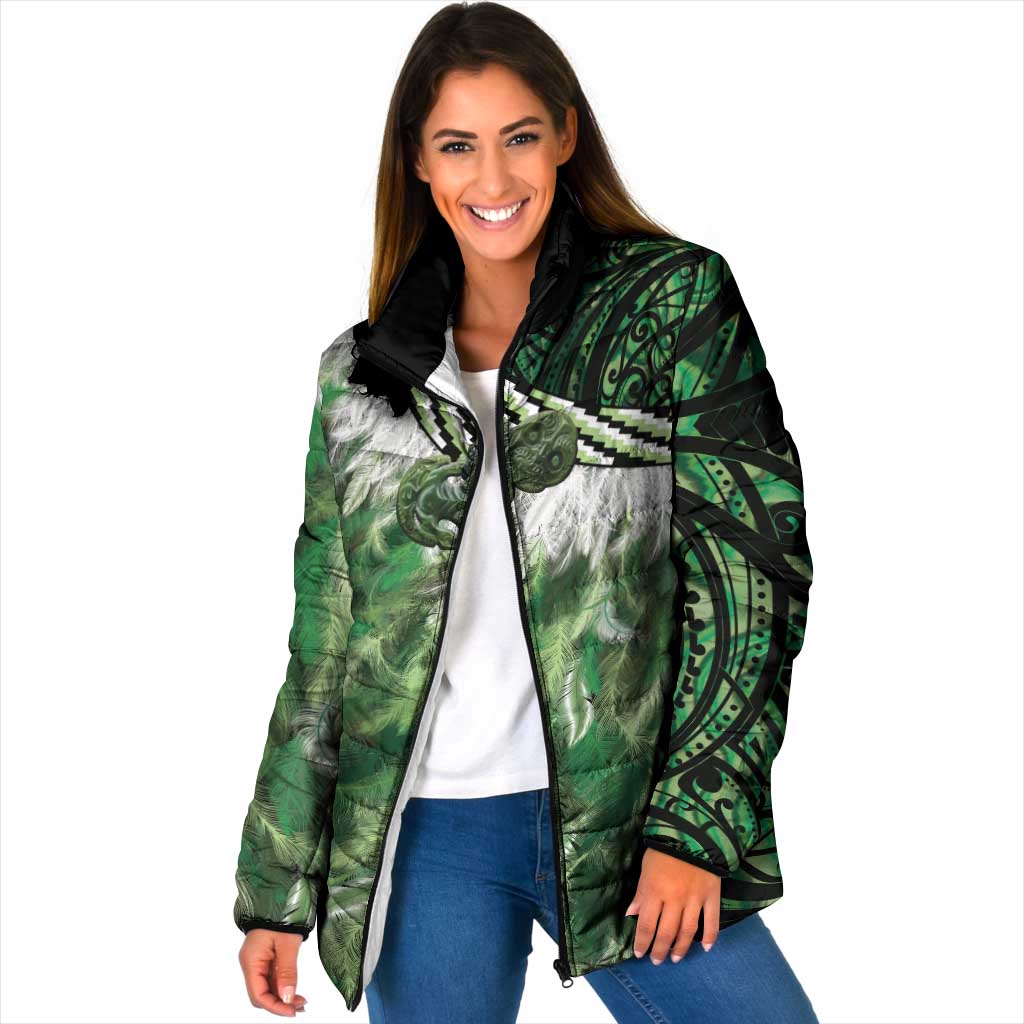 Green Traditional Cloak Aotearoa Padded Jacket Maori Paua Shell Korowai Pattern LT14 Women Green - Polynesian Pride