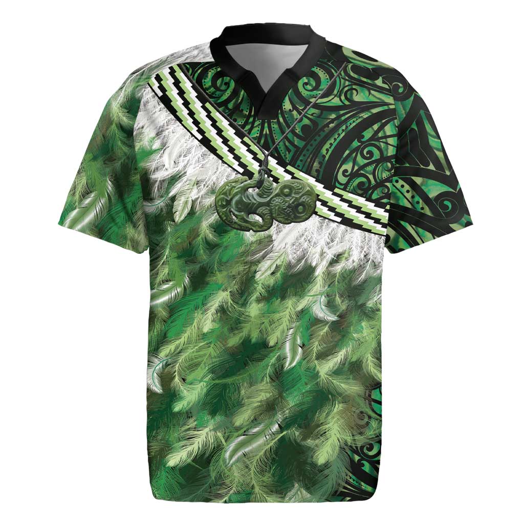 Green Traditional Cloak Aotearoa Rugby Jersey Maori Paua Shell Korowai Pattern