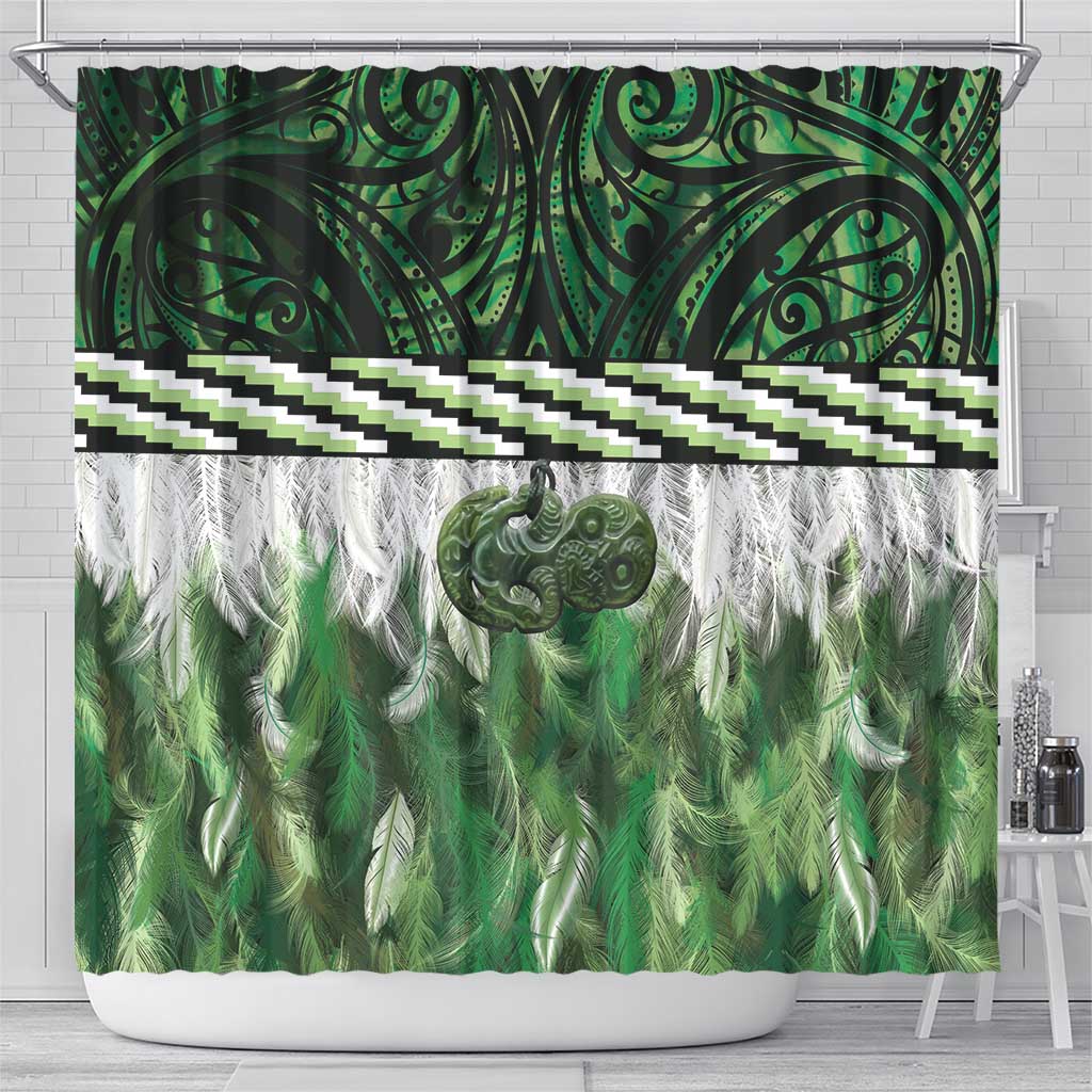 Green Traditional Cloak Aotearoa Shower Curtain Maori Paua Shell Korowai Pattern LT14 - Polynesian Pride
