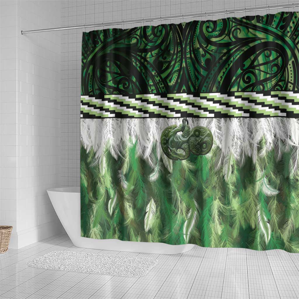 Green Traditional Cloak Aotearoa Shower Curtain Maori Paua Shell Korowai Pattern LT14 - Polynesian Pride