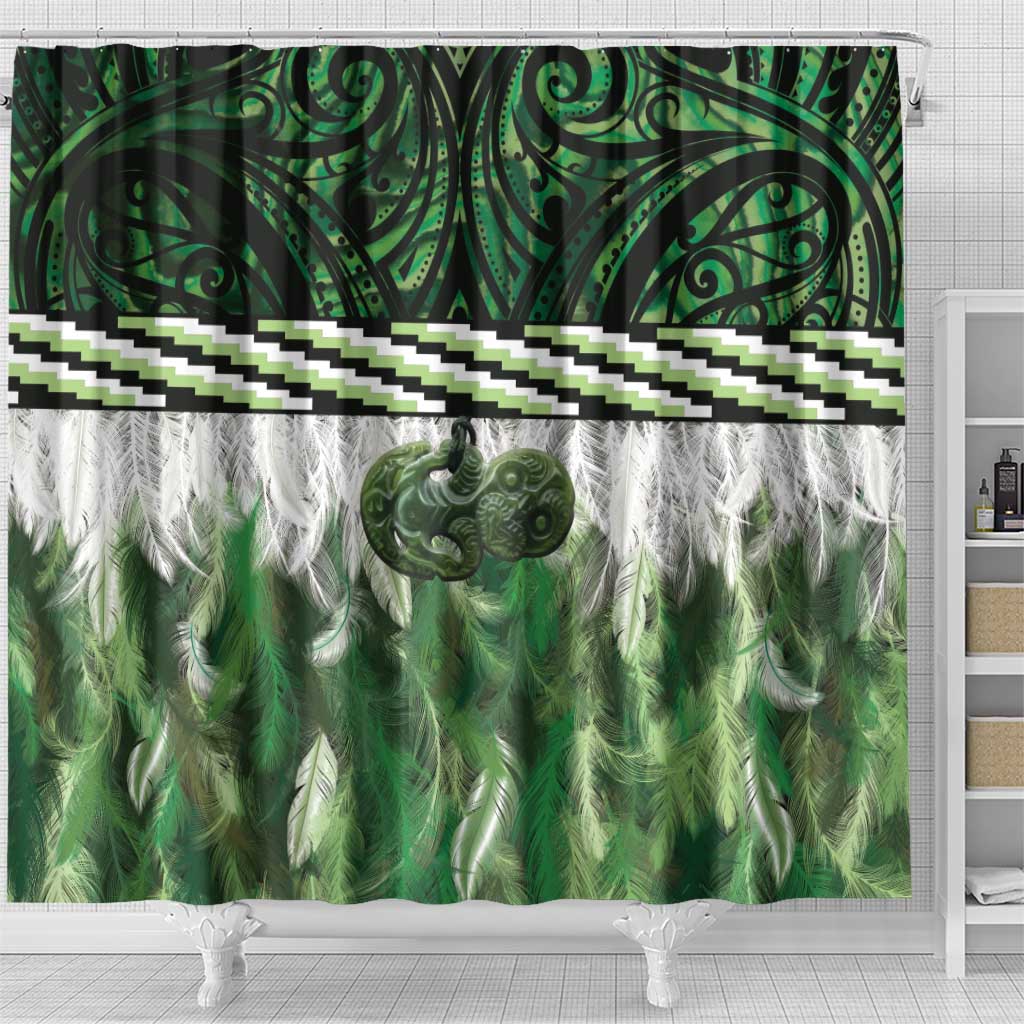 Green Traditional Cloak Aotearoa Shower Curtain Maori Paua Shell Korowai Pattern LT14 - Polynesian Pride
