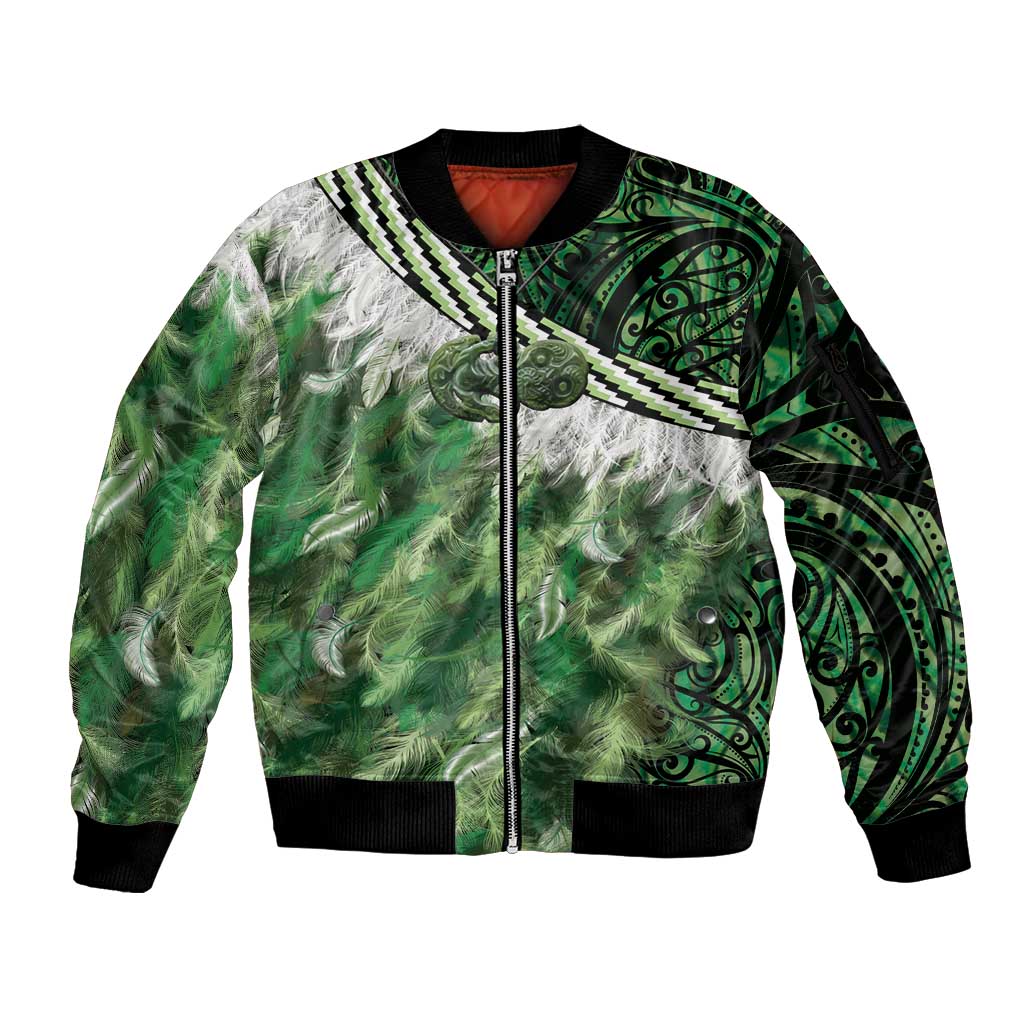 Green Traditional Cloak Aotearoa Sleeve Zip Bomber Jacket Maori Paua Shell Korowai Pattern LT14 Unisex Green - Polynesian Pride