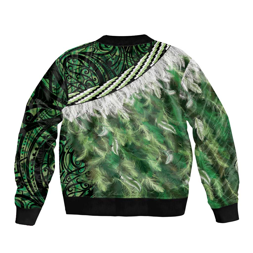 Green Traditional Cloak Aotearoa Sleeve Zip Bomber Jacket Maori Paua Shell Korowai Pattern LT14 - Polynesian Pride