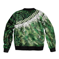 Green Traditional Cloak Aotearoa Sleeve Zip Bomber Jacket Maori Paua Shell Korowai Pattern LT14 - Polynesian Pride