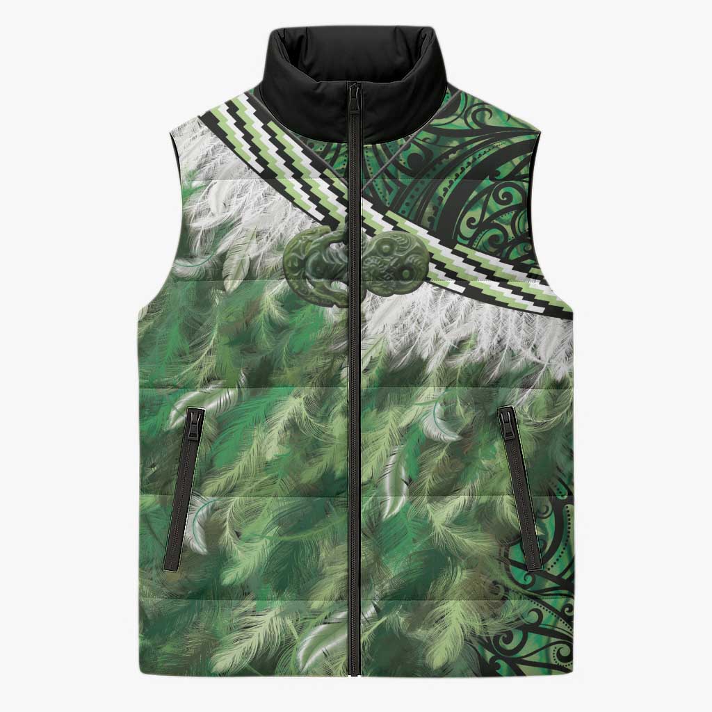 Green Traditional Cloak Aotearoa Sleeveless Puffer Jacket Maori Paua Shell Korowai Pattern LT14 Unisex Green - Polynesian Pride