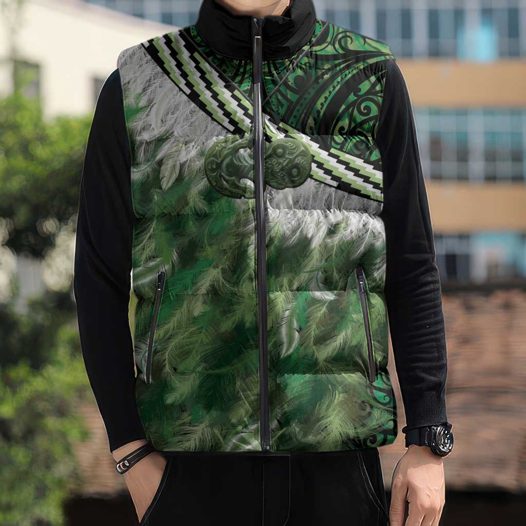 Green Traditional Cloak Aotearoa Sleeveless Puffer Jacket Maori Paua Shell Korowai Pattern LT14 - Polynesian Pride