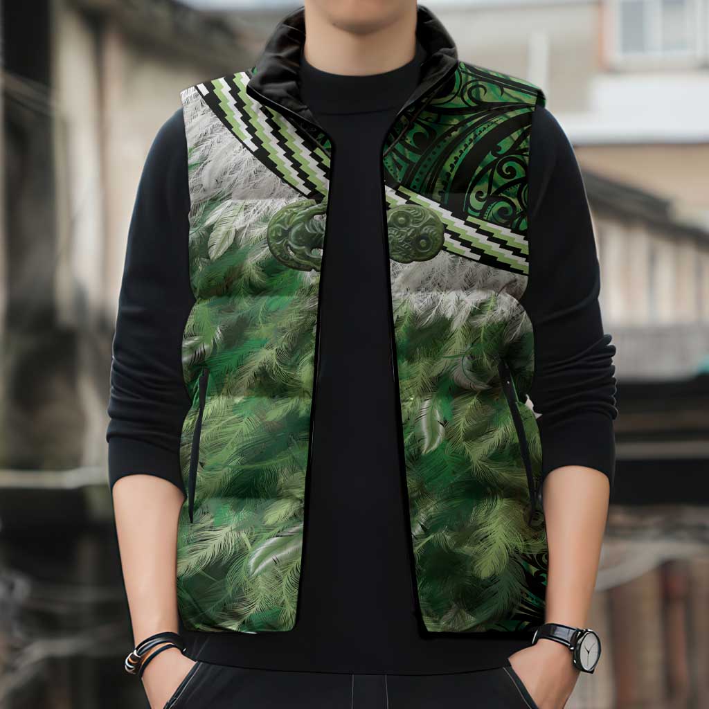 Green Traditional Cloak Aotearoa Sleeveless Puffer Jacket Maori Paua Shell Korowai Pattern LT14 - Polynesian Pride