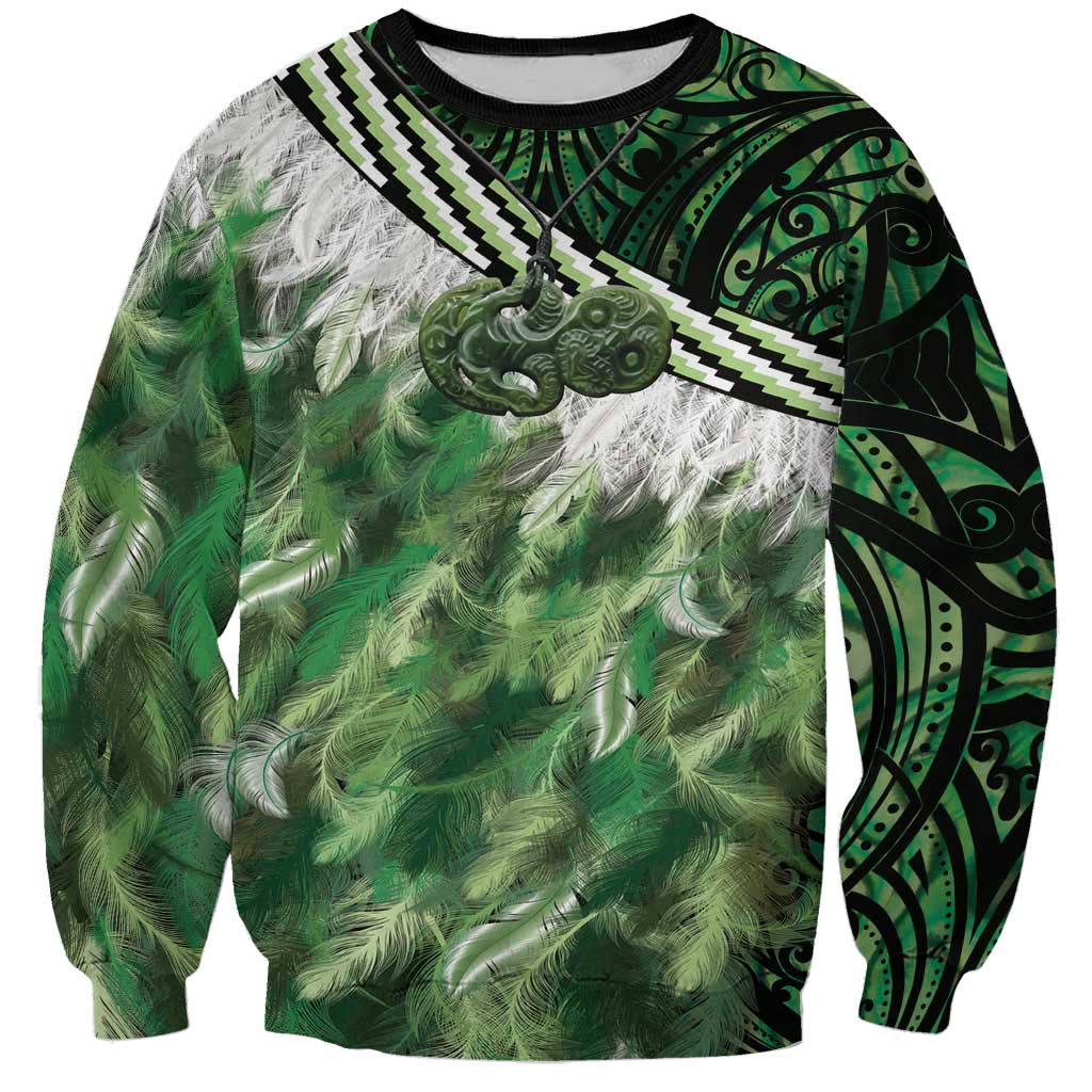 Green Traditional Cloak Aotearoa Sweatshirt Maori Paua Shell Korowai Pattern