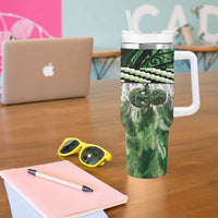 Green Traditional Cloak Aotearoa Tumbler With Handle Maori Paua Shell Korowai Pattern