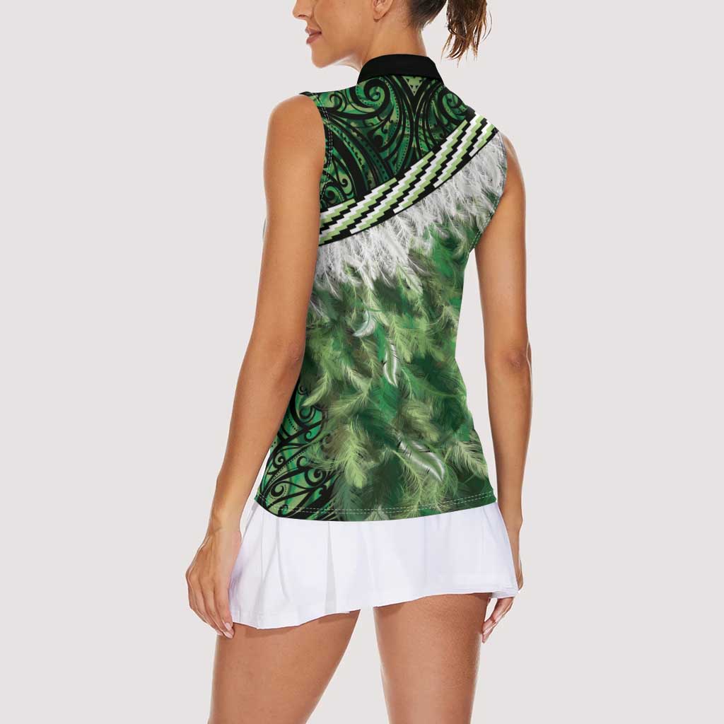 Green Traditional Cloak Aotearoa Women Sleeveless Polo Shirt Maori Paua Shell Korowai Pattern