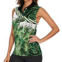 Green Traditional Cloak Aotearoa Women Sleeveless Polo Shirt Maori Paua Shell Korowai Pattern