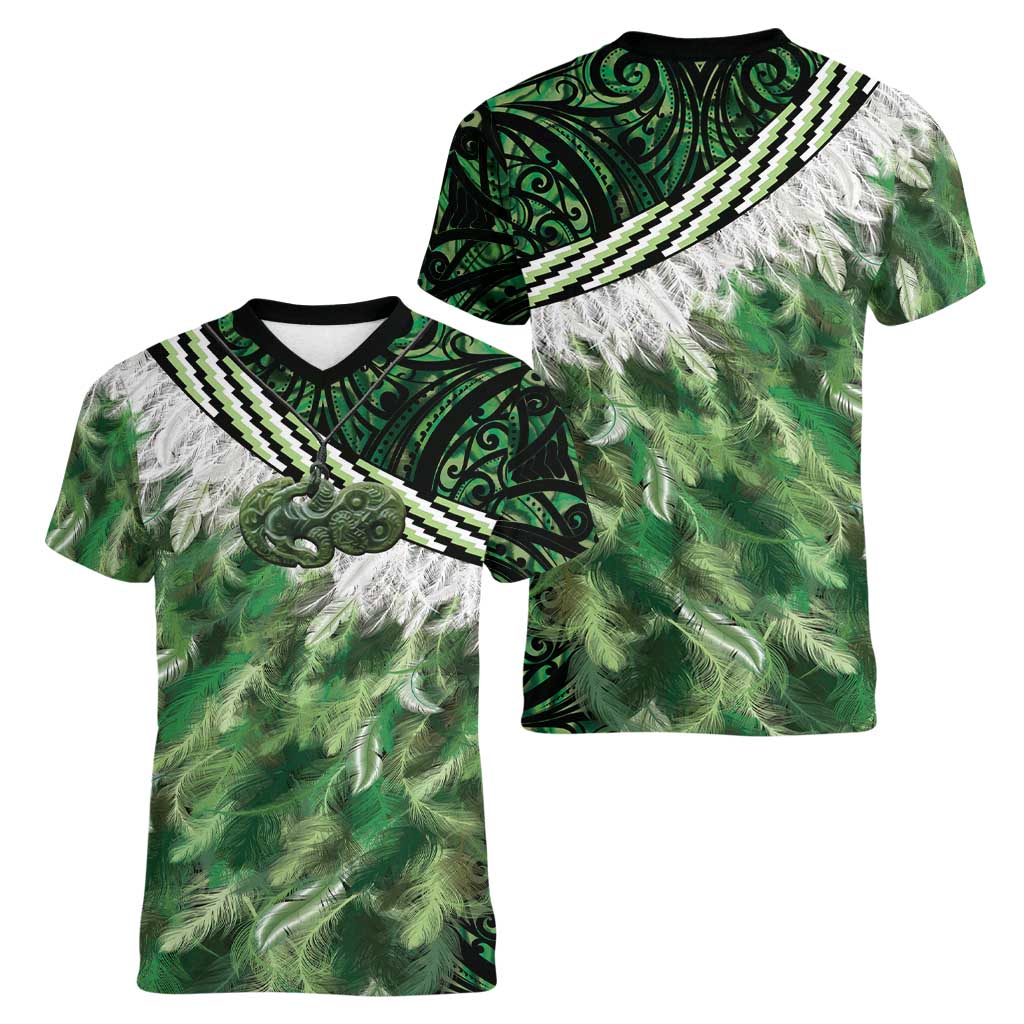 Green Traditional Cloak Aotearoa Women V-Neck T-Shirt Maori Paua Shell Korowai Pattern