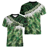 Green Traditional Cloak Aotearoa Women V-Neck T-Shirt Maori Paua Shell Korowai Pattern