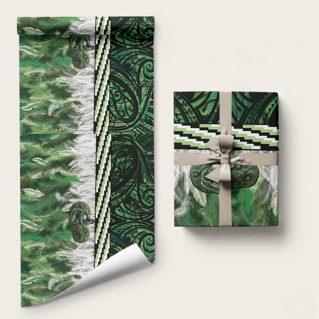 Green Traditional Cloak Aotearoa Wrapping Paper Maori Paua Shell Korowai Pattern LT14 58" × 23" Green - Polynesian Pride