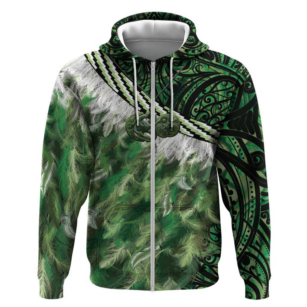 Green Traditional Cloak Aotearoa Zip Hoodie Maori Paua Shell Korowai Pattern LT14 Zip Hoodie Green - Polynesian Pride