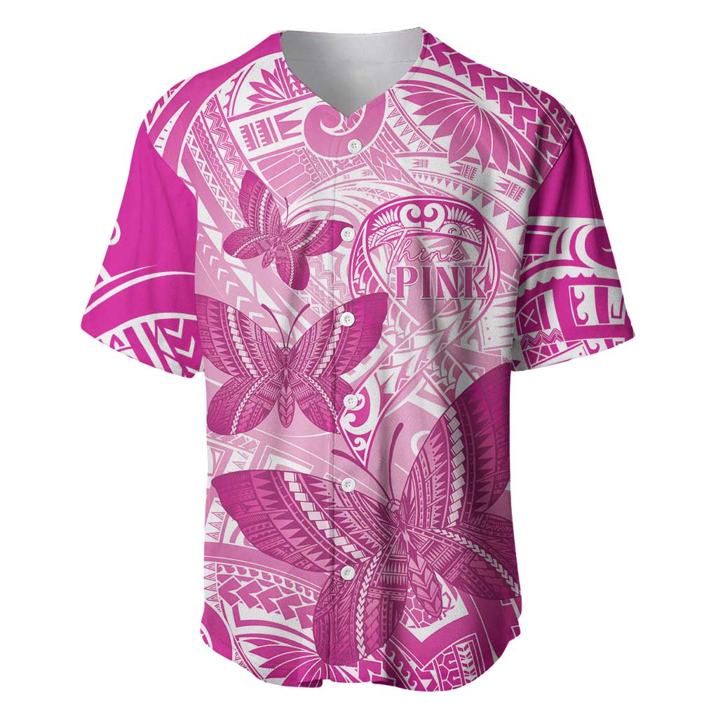 Personalised Polynesia Breast Cancer Awareness Baseball Jersey Think Pink Ribbon Polynesian Butterflies