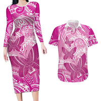 Personalised Polynesia Breast Cancer Awareness Couples Matching Long Sleeve Bodycon Dress and Hawaiian Shirt Think Pink Ribbon Polynesian Butterflies