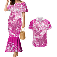 Personalised Polynesia Breast Cancer Awareness Couples Matching Mermaid Dress and Hawaiian Shirt Think Pink Ribbon Polynesian Butterflies