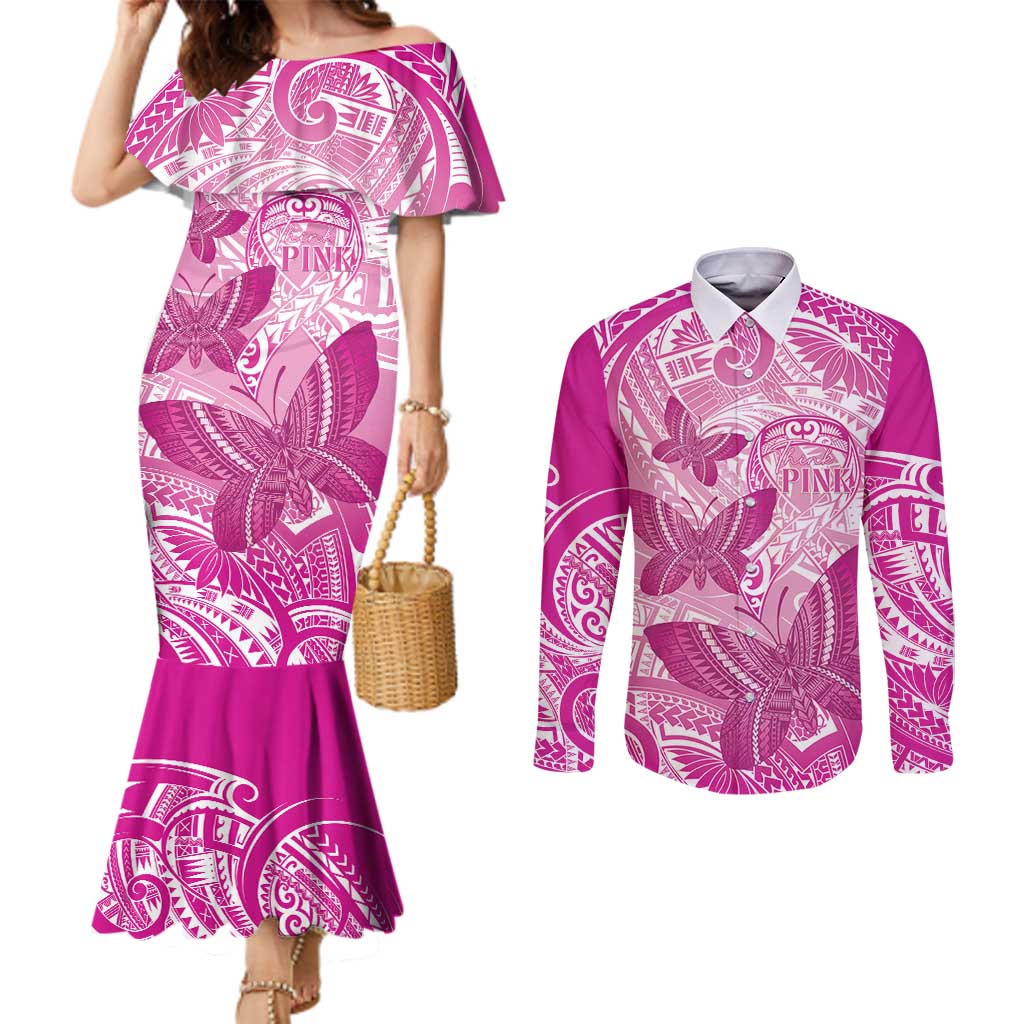 Personalised Polynesia Breast Cancer Awareness Couples Matching Mermaid Dress and Long Sleeve Button Shirt Think Pink Ribbon Polynesian Butterflies