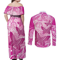 Personalised Polynesia Breast Cancer Awareness Couples Matching Off Shoulder Maxi Dress and Long Sleeve Button Shirt Think Pink Ribbon Polynesian Butterflies