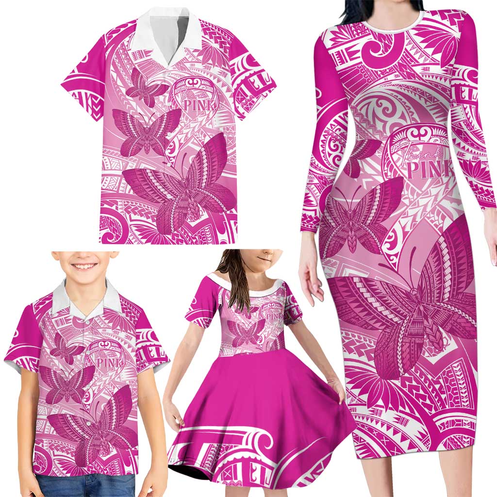 Personalised Polynesia Breast Cancer Awareness Family Matching Long Sleeve Bodycon Dress and Hawaiian Shirt Think Pink Ribbon Polynesian Butterflies