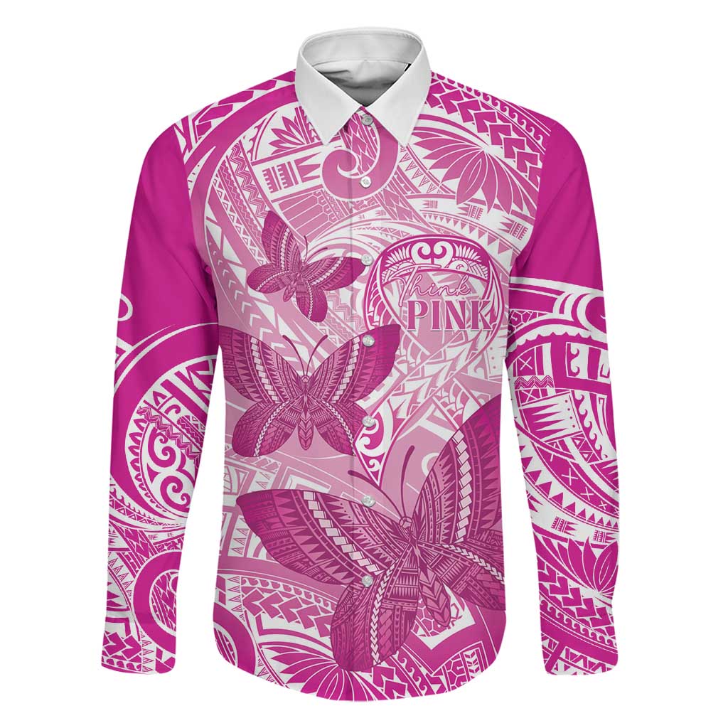 Personalised Polynesia Breast Cancer Awareness Family Matching Long Sleeve Bodycon Dress and Hawaiian Shirt Think Pink Ribbon Polynesian Butterflies