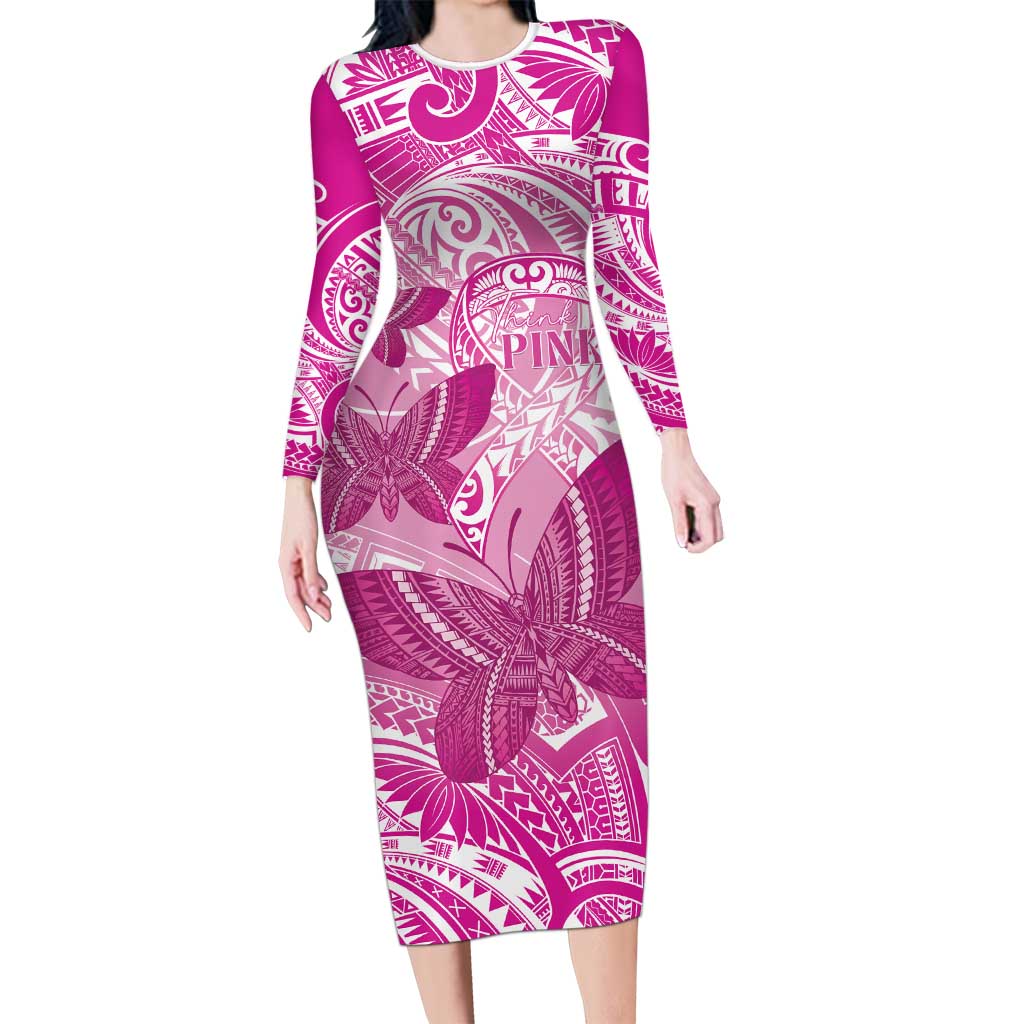 Personalised Polynesia Breast Cancer Awareness Family Matching Long Sleeve Bodycon Dress and Hawaiian Shirt Think Pink Ribbon Polynesian Butterflies