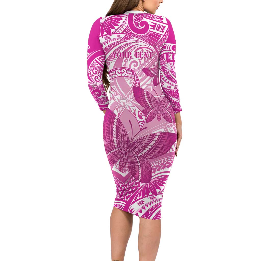 Personalised Polynesia Breast Cancer Awareness Family Matching Long Sleeve Bodycon Dress and Hawaiian Shirt Think Pink Ribbon Polynesian Butterflies