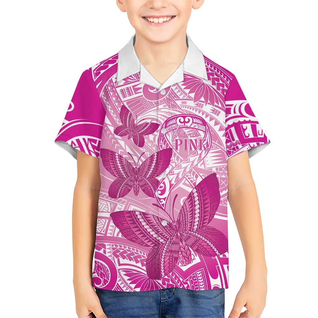 Personalised Polynesia Breast Cancer Awareness Family Matching Long Sleeve Bodycon Dress and Hawaiian Shirt Think Pink Ribbon Polynesian Butterflies