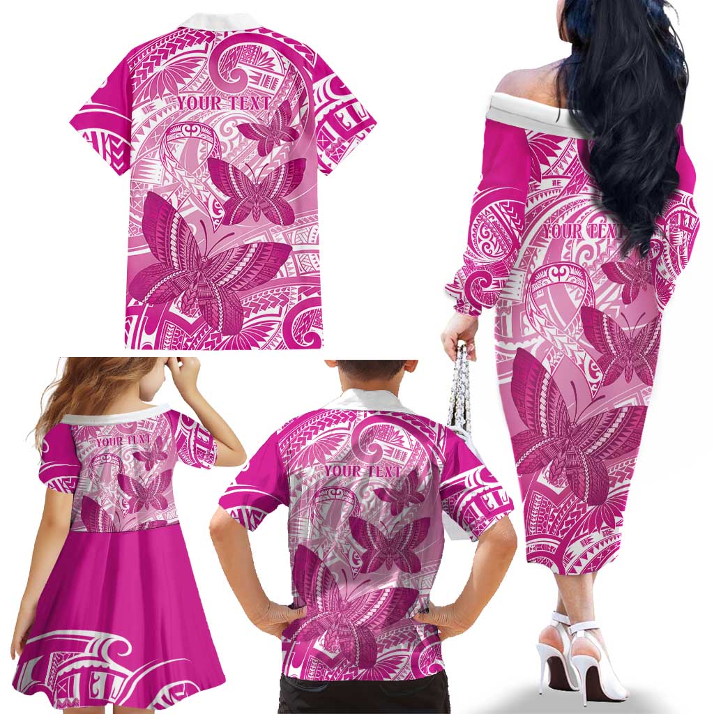 Personalised Polynesia Breast Cancer Awareness Family Matching Off The Shoulder Long Sleeve Dress and Hawaiian Shirt Think Pink Ribbon Polynesian Butterflies