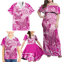 Personalised Polynesia Breast Cancer Awareness Family Matching Off Shoulder Maxi Dress and Hawaiian Shirt Think Pink Ribbon Polynesian Butterflies
