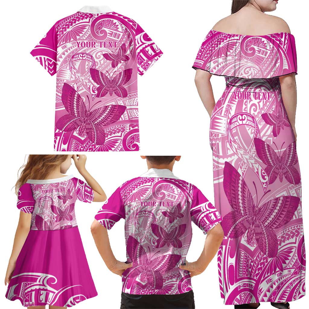 Personalised Polynesia Breast Cancer Awareness Family Matching Off Shoulder Maxi Dress and Hawaiian Shirt Think Pink Ribbon Polynesian Butterflies