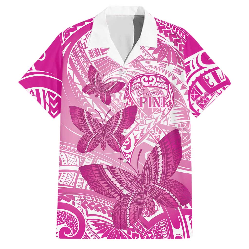 Personalised Polynesia Breast Cancer Awareness Family Matching Off Shoulder Maxi Dress and Hawaiian Shirt Think Pink Ribbon Polynesian Butterflies