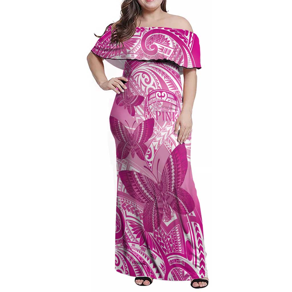 Personalised Polynesia Breast Cancer Awareness Family Matching Off Shoulder Maxi Dress and Hawaiian Shirt Think Pink Ribbon Polynesian Butterflies